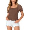 imageLYANER Womens Ruffle Peplum Smock Gingham Crop Top Square Neck Puff Short Sleeve Blouse ShirtSolid Brown