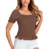 imageLYANER Womens Ruffle Peplum Smock Gingham Crop Top Square Neck Puff Short Sleeve Blouse ShirtSolid Brown