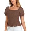 imageLYANER Womens Ruffle Peplum Smock Gingham Crop Top Square Neck Puff Short Sleeve Blouse ShirtSolid Brown