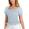 imageLYANER Womens Ruffle Peplum Smock Gingham Crop Top Square Neck Puff Short Sleeve Blouse ShirtSolid Light Blue