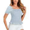 imageLYANER Womens Ruffle Peplum Smock Gingham Crop Top Square Neck Puff Short Sleeve Blouse ShirtSolid Light Blue