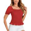 imageLYANER Womens Ruffle Peplum Smock Gingham Crop Top Square Neck Puff Short Sleeve Blouse ShirtSolid Red