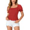 imageLYANER Womens Ruffle Peplum Smock Gingham Crop Top Square Neck Puff Short Sleeve Blouse ShirtSolid Red
