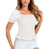 imageLYANER Womens Ruffle Peplum Smock Gingham Crop Top Square Neck Puff Short Sleeve Blouse ShirtWhite