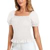imageLYANER Womens Ruffle Peplum Smock Gingham Crop Top Square Neck Puff Short Sleeve Blouse ShirtWhite