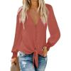 imageLYANER Womens Casual V Neck Long Sleeve Tie Front Knot Button Down Shirt Blouse TopCoral Red