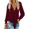 imageLYANER Womens Casual V Neck Long Sleeve Tie Front Knot Button Down Shirt Blouse TopWine Red