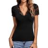 imageLYANER Womens Elegant V Neck Ribbed Knit Contrast Lace Trim Short Sleeve Tee Blouse TopsBlack