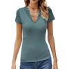 imageLYANER Womens Elegant V Neck Ribbed Knit Contrast Lace Trim Short Sleeve Tee Blouse TopsDark Green