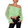 imageLYANER Womens Off Shoulder Floral Mesh Long Sleeve Ruffle Trim Crop Blouse TopLight Green