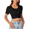 imageLYANER Womens Round Neck Short Sleeve Tassel Trim Hem Rib Crop Top BlouseBlack