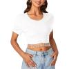 imageLYANER Womens Round Neck Short Sleeve Tassel Trim Hem Rib Crop Top BlouseWhite