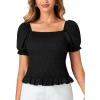 imageLYANER Womens Ruffle Peplum Smock Gingham Crop Top Square Neck Puff Short Sleeve Blouse ShirtSolid Black