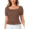 imageLYANER Womens Ruffle Peplum Smock Gingham Crop Top Square Neck Puff Short Sleeve Blouse ShirtSolid Brown