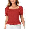 imageLYANER Womens Ruffle Peplum Smock Gingham Crop Top Square Neck Puff Short Sleeve Blouse ShirtSolid Red