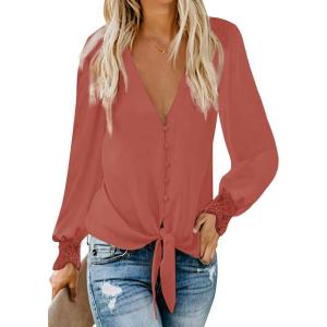 imageLYANER Womens Casual V Neck Long Sleeve Tie Front Knot Button Down Shirt Blouse TopCoral Red