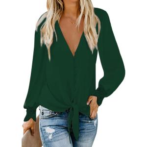 imageLYANER Womens Casual V Neck Long Sleeve Tie Front Knot Button Down Shirt Blouse TopDark Green