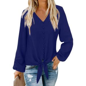 imageLYANER Womens Casual V Neck Long Sleeve Tie Front Knot Button Down Shirt Blouse TopDark Royal Blue