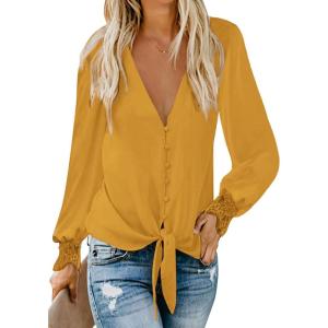 imageLYANER Womens Casual V Neck Long Sleeve Tie Front Knot Button Down Shirt Blouse TopGinger