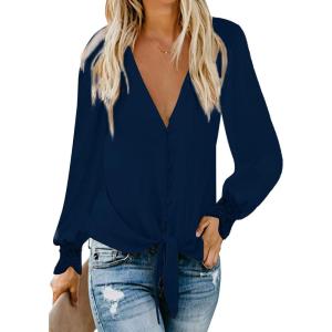 imageLYANER Womens Casual V Neck Long Sleeve Tie Front Knot Button Down Shirt Blouse TopNavy Blue