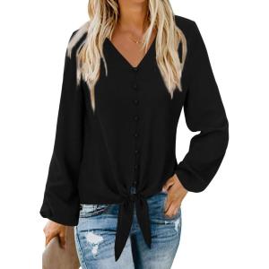 imageLYANER Womens Casual V Neck Long Sleeve Tie Front Knot Button Down Shirt Blouse TopPlain Black