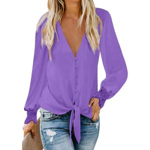 imageLYANER Womens Casual V Neck Long Sleeve Tie Front Knot Button Down Shirt Blouse TopPurple