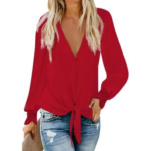 imageLYANER Womens Casual V Neck Long Sleeve Tie Front Knot Button Down Shirt Blouse TopRed