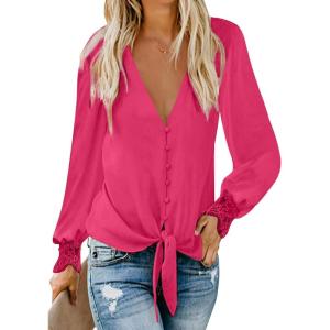 imageLYANER Womens Casual V Neck Long Sleeve Tie Front Knot Button Down Shirt Blouse TopRose