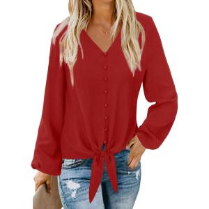 imageLYANER Womens Casual V Neck Long Sleeve Tie Front Knot Button Down Shirt Blouse TopSolid Red