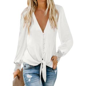imageLYANER Womens Casual V Neck Long Sleeve Tie Front Knot Button Down Shirt Blouse TopSolid White