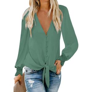 imageLYANER Womens Casual V Neck Long Sleeve Tie Front Knot Button Down Shirt Blouse TopTurquoise