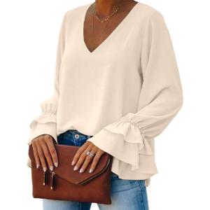 imageLYANER Womens Casual V Neck Tiered Ruffle Bell Long Sleeve Blouse Shirt Tunic TopApricot