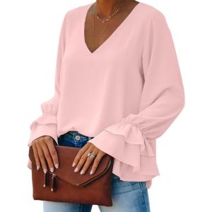 imageLYANER Womens Casual V Neck Tiered Ruffle Bell Long Sleeve Blouse Shirt Tunic TopBaby Pink