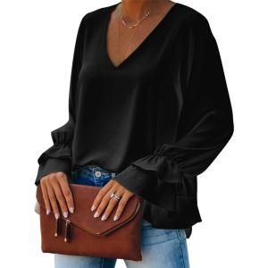 imageLYANER Womens Casual V Neck Tiered Ruffle Bell Long Sleeve Blouse Shirt Tunic TopBlack