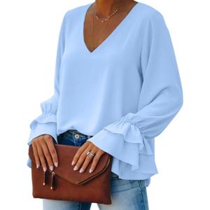 imageLYANER Womens Casual V Neck Tiered Ruffle Bell Long Sleeve Blouse Shirt Tunic TopBlue
