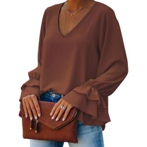 imageLYANER Womens Casual V Neck Tiered Ruffle Bell Long Sleeve Blouse Shirt Tunic TopBrown