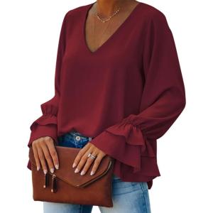 imageLYANER Womens Casual V Neck Tiered Ruffle Bell Long Sleeve Blouse Shirt Tunic TopBurgundy