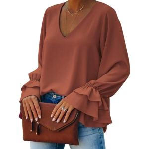 imageLYANER Womens Casual V Neck Tiered Ruffle Bell Long Sleeve Blouse Shirt Tunic TopBurn Orange