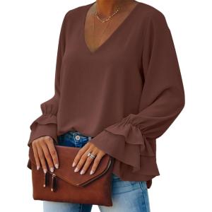 imageLYANER Womens Casual V Neck Tiered Ruffle Bell Long Sleeve Blouse Shirt Tunic TopDark Brown