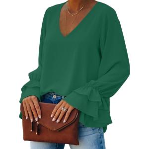 imageLYANER Womens Casual V Neck Tiered Ruffle Bell Long Sleeve Blouse Shirt Tunic TopDark Green