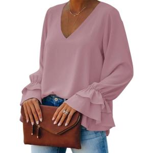 imageLYANER Womens Casual V Neck Tiered Ruffle Bell Long Sleeve Blouse Shirt Tunic TopDusty Purple