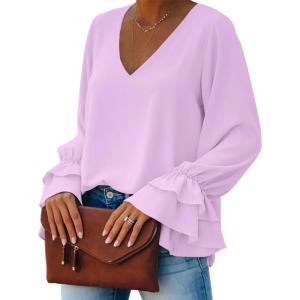 imageLYANER Womens Casual V Neck Tiered Ruffle Bell Long Sleeve Blouse Shirt Tunic TopLavender