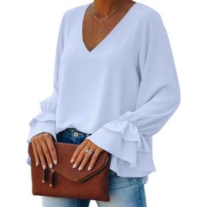 imageLYANER Womens Casual V Neck Tiered Ruffle Bell Long Sleeve Blouse Shirt Tunic TopLight Blue