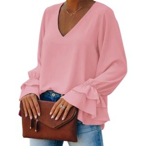 imageLYANER Womens Casual V Neck Tiered Ruffle Bell Long Sleeve Blouse Shirt Tunic TopLight Pink
