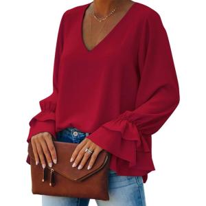 imageLYANER Womens Casual V Neck Tiered Ruffle Bell Long Sleeve Blouse Shirt Tunic TopRed