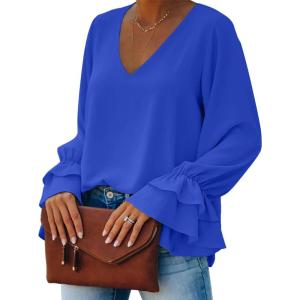 imageLYANER Womens Casual V Neck Tiered Ruffle Bell Long Sleeve Blouse Shirt Tunic TopRoyal Blue