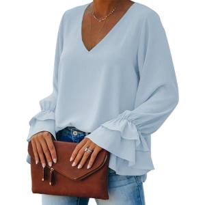 imageLYANER Womens Casual V Neck Tiered Ruffle Bell Long Sleeve Blouse Shirt Tunic TopSky Blue