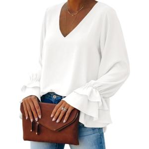 imageLYANER Womens Casual V Neck Tiered Ruffle Bell Long Sleeve Blouse Shirt Tunic TopWhite