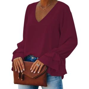 imageLYANER Womens Casual V Neck Tiered Ruffle Bell Long Sleeve Blouse Shirt Tunic TopWine Red