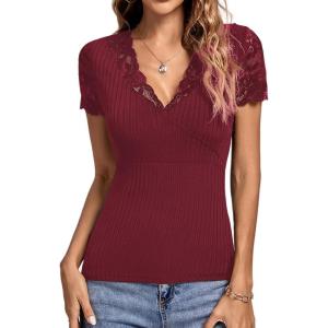 imageLYANER Womens Elegant V Neck Ribbed Knit Contrast Lace Trim Short Sleeve Tee Blouse TopsWine Red